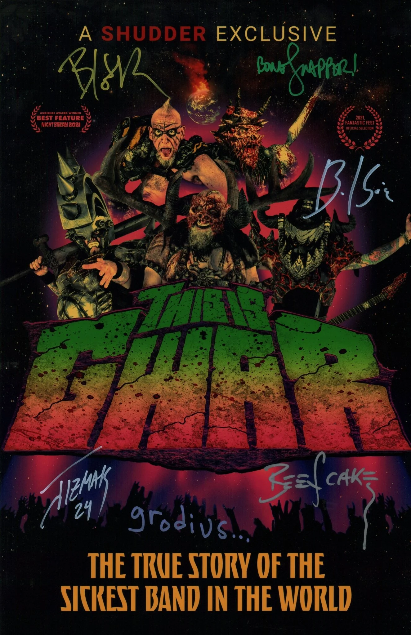 Gwar 11x17 Signed Photo Poster Jizmak, Beefcake, Blothar, Balsac, Grodius, Bone Snapper JSA Certified Autograph